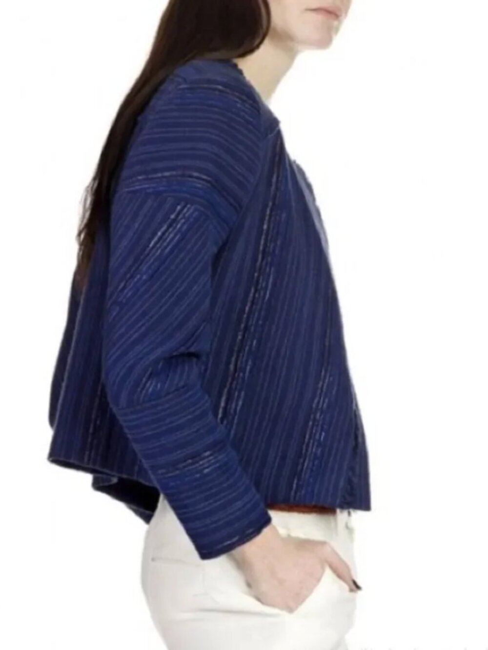 Sandro Blazer 38  Egyptien Blue Blucy Asymmetrical Tweed Fringe Crop Jacket Blue - Picture 2 of 16